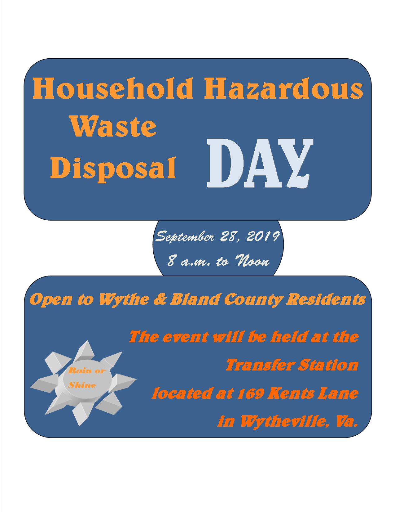 HOUSEHOLD HAZARDOUS WASTE DISPOSAL DAY TO BE HELD ON  SEPTEMBER 28, 2019