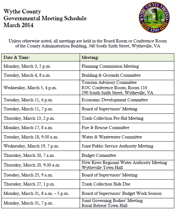Wythe County Gov. Meeting Schedule